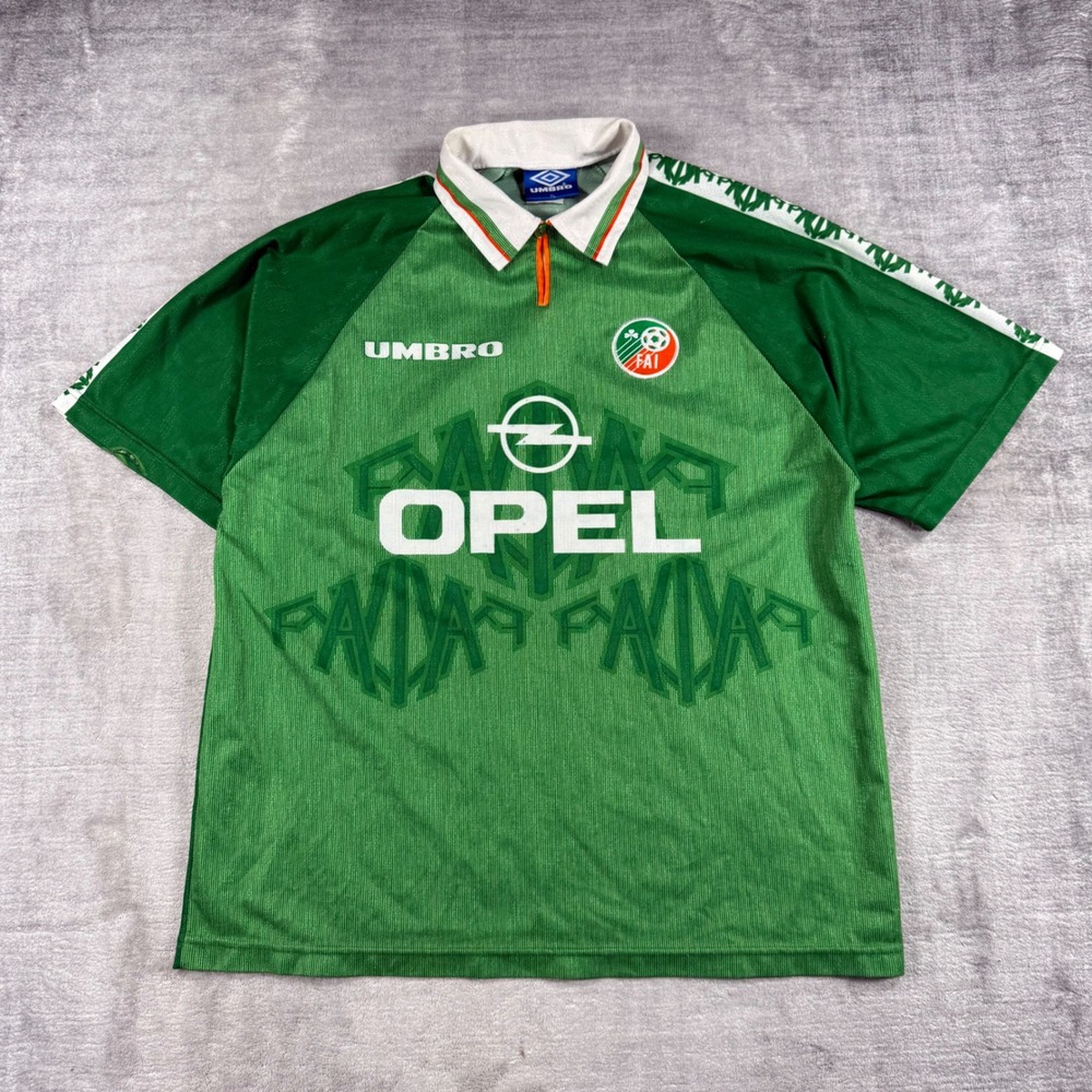 Republic Of Ireland Soccer Jersey Mens XL Green Opel FAI Vintage Umbro Football